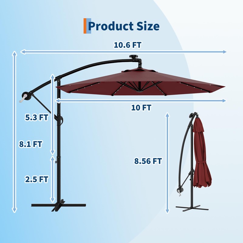 10FT Solar Lights Cantilever Umbrella outdoor patio, Offset Patio Umbrella
