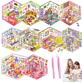10 Sets DIY 3D House Stickers Kit Non-Toxic & Safe 3D Miniature Scene Therapy for Kids and Adults, Stress Relief Sticker Scenes with Tweezers Creative Fun & Reusable DIY Sticker Therapy Kit for age 3+