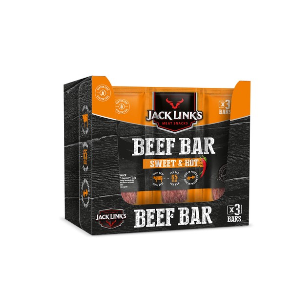 Jack Link's Beef Bar Sweet & Hot - Gluten Free - Pack of 10 (10 x 3 x 22.5 g) - High Protein Beef Bar - Dried High Protein Beef