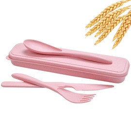 Reusable Utensils Set with Case,Travel Utensils, 1Sets Wheat Straw Portable Cutlery Set Knives Fork and Spoon for Lunch Box Accessories, Camping Flatware Sets for Daily Use or Outdoor(Pink)