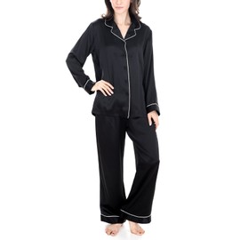 OSCAR ROSSA Women's Luxury Silk Sleepwear 100% Mulberry Silk Pajamas Set, Solid Black, S