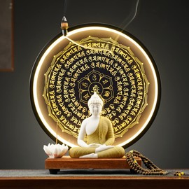 Houlu Yellow Buddha Statue and Circle LED Table Lamp, Ceramic Buddha Statue for Home Décor