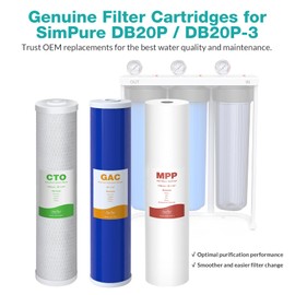 SimPure Whole House Water Filter Cartridges 5 Micron 20" x 4.5" PP+GAC+CTO 3-Stage Sediment and Carbon Filter Set, for DB20P-3, DGD-5005-20, GAC-20BB, FC25B, 1 Set