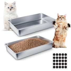 Suclain 2 Pcs Stainless Steel Litter Box Rust Proof Metal Cat Box Stainless Cat Litter Box Odor Control Small Litter Box and Non Slip Rubber Feet for Cats Kitten Non Stick Smooth (20 x 14 x 4 Inch)