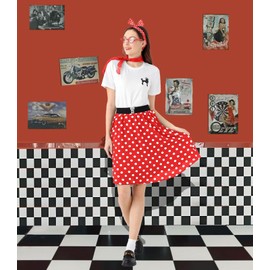 10Pcs Sock Hop Outfits Costume Women, 1950s Poodle Skirts, Poodle T-Shirt with 50s Accessories Set Scarf Headband Belt Socks Eyeglasses Earrings (RedDots-L)