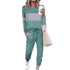 PRETTYGARDEN Women's Color Block 2 Piece 2025 Spring Tracksuit Crewneck Long Sleeve Tops Long Sweatpants Outfits Lounge Sets(Fruit Green,Medium)