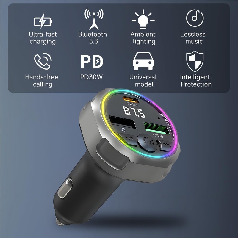 QUMOX Bluetooth 5.3 FM Transmitter Car Charger, PD 30W +