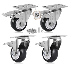 Moogiitools SUS304 Stainless Steel Caster Wheels with Brake,Rust-Proof PU Heavy Duty Casters Set of 4,Anti-Corrosion Industrial Castor for Furniture,Labs,Hospitals,Restaurants (3 inch)