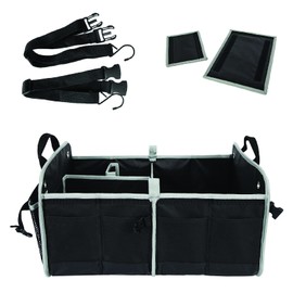 Tahoe Trails Collapsible Car Trunk Organizer - Portable Trunk Organizer with 4 Compartments, Multi Exterior Pockets, 2 Tie-Down Straps, Non-Slip Bottom (Black) - Great for Auto, SUV, Truck, and Sedan