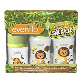 Evenflo Set Edición Salvaje 3 Piezas, Biberones Anticólicos Cuello Ancho con Vaso Entrenador, 150ml y 270ml, Polipropileno, Diseño Variable, León, Lobo & Tigre