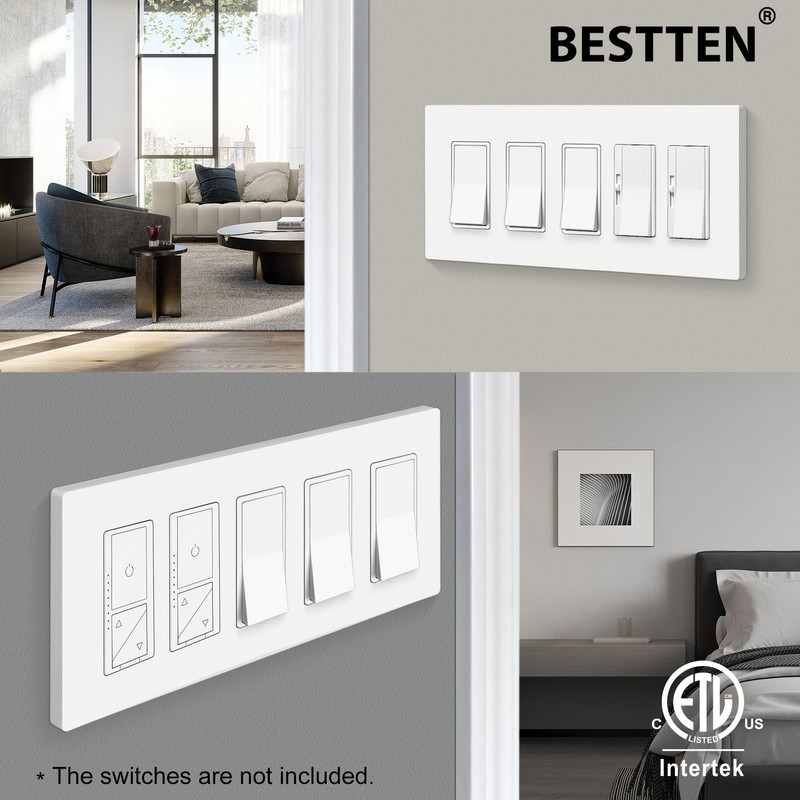 2 Pack BESTTEN 5-Gang Screwless Wall Plate, USWP4 Off White
