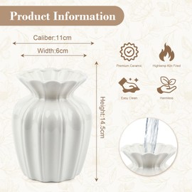 White Ceramic Vase,14cm Small Ribbed Flower Vase,Wide Round Mouth for Flowers and Pampas Grass,Modern Nordic Home Decor, Farmhouse Wedding Table Centerpieces Office