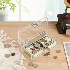 GUSHBIN Lockable Money Storage Box Clear Acrylic Cash Holder with Key Lock Cash Organizer Small Currency Tray for Personal Items, 7 x 3.1 x 2.3 Inch