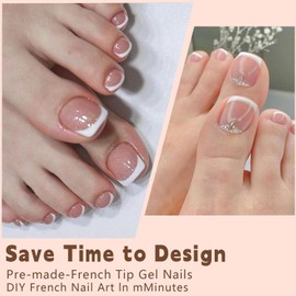 240Pcs White French Tip Press on Toenails Short Square Fake Toe nails Press ons with Design Stick on Toe nails Reusable Acrylic False ToeNails Artificial Glue on Toenails for Women Nails Manicure