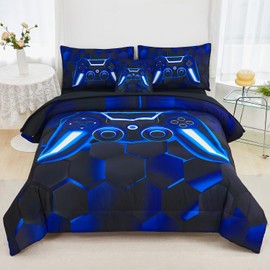 URBONUR Blue Gamer Comforter Set Queen Size for Teen Boy Bedding Sets 3D Gaming Geometric Printed Soft Microfiber Kids Bed in A Bag