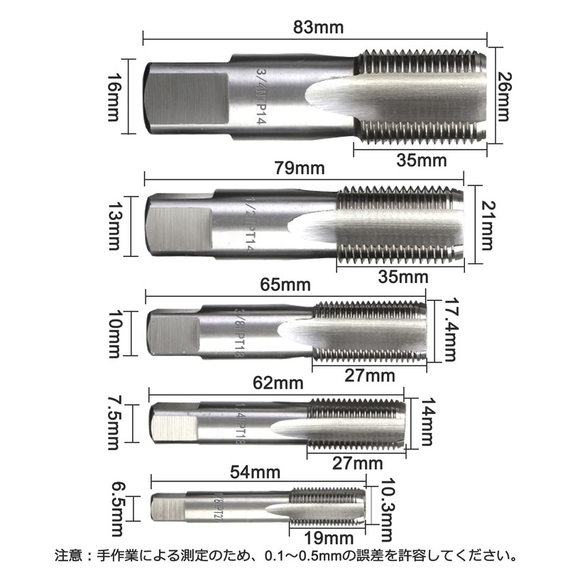 KIMLONTON NPT Pipe Tap, 5-Piece Set, 1/8", 1/4", 3/8", 1/2",