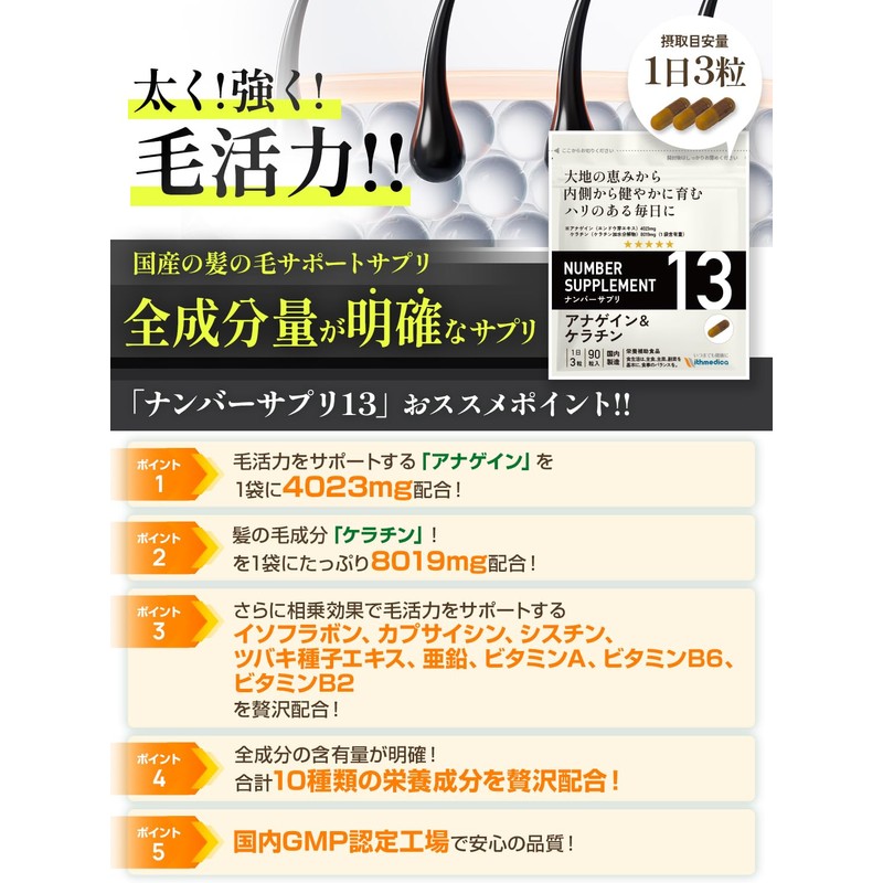 ナンバーサプリ13 髪の毛 サプリ アナゲイン(4023mg) ケラチン(8019mg)【10成分配合/全成分量明記】（国産 無添加 サプリメント 毛髪ケア/90粒/30日分）1袋