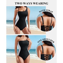 RXRXCOCO Womens One Piece Swimsuits One Shoulder Tummy Control Bathing Suit Colorblock Crisscross Swimwear Black and White Large