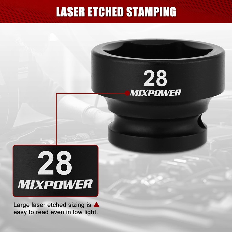 MIXPOWER 1/2" Drive Stubby Impact Socket,CR-MO,28mm,6-Point,Metric,Radius Corner Design, Axle Nut