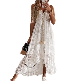CUPSHE Women's Summer Slip Boho Maxi Dress Lace Up Tassel V-Neck Flare Ruffle Beach Dresses White XS