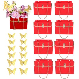 ZFCZR 8Pcs Paper Flower Bags and 12Pcs 3D Gold Dazzle Butterfly Decor-Flower Gift Boxes Sets, Bouquet Bags for Arrangements Wedding Valentine's Mother's Day Birthday (Red)