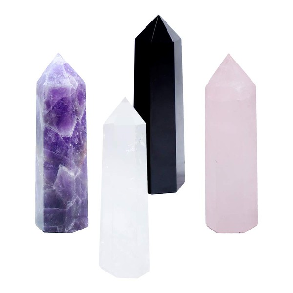 Runyangshi Set of 4 Natural Healing Crystal Wands, Height 3.3"-3.5" Amethyst/Rose Quartz/Clear Quartz/Black Obsidian, 6 Faceted Prism Wand Reiki Chakra Stone