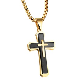 LeapoFaith Cross for Car Rearview Mirror Hanging Pendant Accessories Cross Charm for Car Decor Christian Jesus Stainless Steel Cross Necklace For Men Amulet Jewelry Religious Gift (Black)
