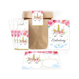 Minkocards 12 Invitation Cards Children's Birthday Unicorn Flowers Girls Invitation for Girls Birthday Includes 12 Envelopes, 12 Party Bags/Natural, 12 Stickers