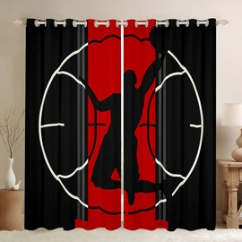 Castle Fairy Basketball Window Curtains,Sports Games Curtain,Red and Black Window Drapes for Kid Teens Boys Young Man,Modern Bedroom Decorative,Basketball Court Curtain,84Wx84L