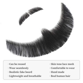 Fake Beard and Mustache Handmade with Human Hair, Full Beard Style with Larger Size and Fuller Look, Realistic Mustache with Soft Invisible Mesh for Costumes Facial Hair, Cosplay, Theatrical (Black)