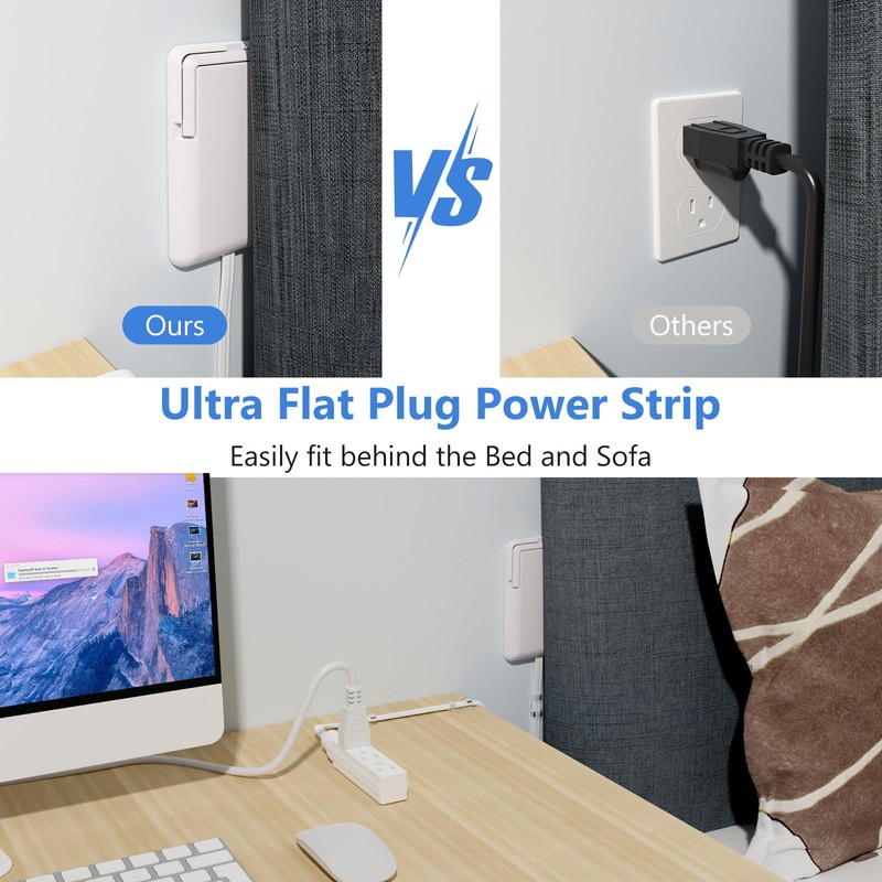 3FT Ultra Flat Plug Extension Cord with 3 Outlets, Ultra-Thin