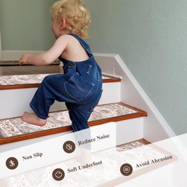 Ileading Boho Carpet Stair Treads for Wooden Steps 7 Pack 30" X 8" Non Slip Edging Indoor Stair Rug Runner Self Adhesive Stairway Grip Carpet Soft Step Treads Rug for Dogs Kids, Beige Brown