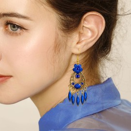 JIMARIN Handmade Bohemian Dainty Acrylic Crystal Chandelier Flower Dangle Drop Earrings Lightweight Aesthetic Floral Leaf Alloy Hook Earrings for Women (Dark Blue)