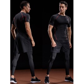 NELEUS Men's 3 Pack Compression Baselayer Athletic Workout T Shirts,5022,Black,Black(Grey),Black(red),XL,EU 2XL