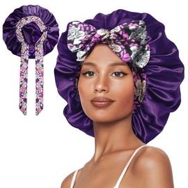 SeSe Code Satin Bonnet for Sleeping Silk  Bonnet Double Layer Hair Bonnet with Elastic Tie Band for Curly Hair Night Bonnet - Color: Purple Flower