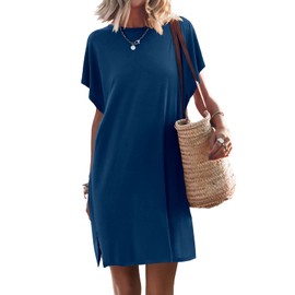 ANRABESS Women’s Summer T Shirt Dress 2025 Beach Vacation Travel Outfits Casual Simple Soft Mini Sundress Cover Up Clothes Blue Large