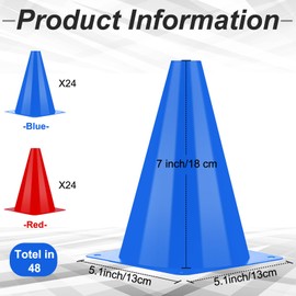 Leelosp 48 Pack 7 Inch Plastic Traffic Cones Agility Field Marker Soccer/Safety/Sports/Training Cones for Skating Basketball Football Practice Drills Themed Party Decorations(Red,Blue,7 Inch)