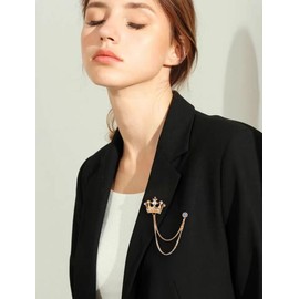 Crystal Princess Crown Brooch Tassel Chain Lapel Pin for Women Unisex Hypoallergenic Vintage Retro Cross Statement Rhinestone Breastpin Wedding Party Prom Brooches Pin Jewelry (Gold)