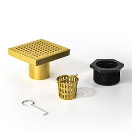 Bernkot Square Shower Drain 4", 304 Stainless Steel Floor Drain w/Hair Strainer, Grid Shower Drain w/CUPC Certified (Brushed Gold, 4 Inch)