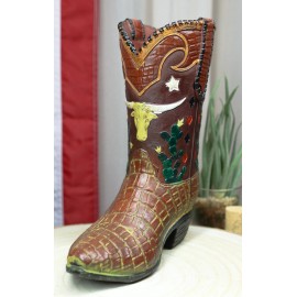 Rustic Western Texas Longhorn Faux Crocodile Prints Cowboy Boot Vase Figurine
