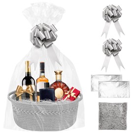 SelfTek Gift Basket Hamper Kit, Grey Rope Basket with Cellophane Bags, Raffia and Pull Bows Woven Storage Baskets Empty Gift Hamper for Baby Shower, Wedding, Birthday, 33 x 24 x 15 cm