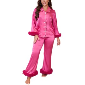 silkola Luxury Satin Elegant Comfortable Soft Pajama Set with Faux Fur Trim Button-Front Top with Pockets (US, Alpha, Medium, Regular, Regular, Magenta)