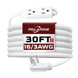 PALARINE Indoor Extension Cord Power Strip 3 Outlets Flat Plug, UL Listed, 16 Gauge 30 ft White 3 Prong Heavy Duty, 16/3 SJTW 13A Outlet Extender