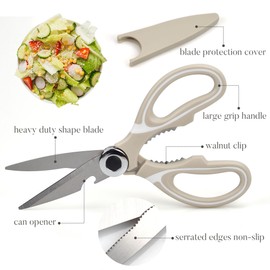 Poultry Scissors, Kitchen Scissors, Stainless Steel, Multi-Purpose Household Scissors, Scissors with Protective Cover for Bones, Fish, Herbs, Vegetables, Can Cutter (Khaki)