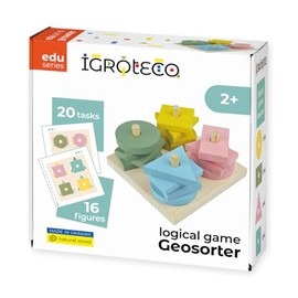 Igroteco® Wooden Geo Sorter | Educational Game for Children | Stacking and Threading Game with 4 Geometric Shapes | Promotes Fine Motor Skills, Colours & Shapes | Includes Task Book | From 2 Years