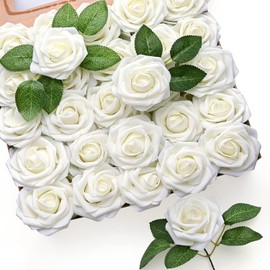 Mocoosy - 50 rosas artificiales de color blanco marfil para decoraciones, rosa de espuma de aspecto real a granel con tallos para bricolaje, decoración floral