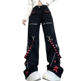 RILGOU Y2K Grunge Goth Vintage Casual High Waist Straight Wide Leg Zipper Red Star Straps Trim Jeans Cargo Pants XL