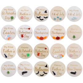 URROMA 20 Pcs Wooden Baby Holiday Milestone Set, Happy Holiday Round Discs Baby Birth Announcement Sign First Holiday Growth Cards Photo Card Props Baby Shower