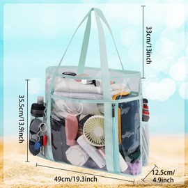 TINYAT Große transparente Tragetasche für Damen, transparent, Netzstoff, Strandtasche, Schultertasche mit wasserdichter Reißverschlusstasche, durchsichtige Schwimmtasche für den Urlaub, Grün/906