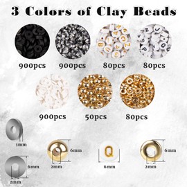yumcute Make Your Own Bracelet Set, 3000 Pieces Black + White Polymer Clay Beads, 3 Colour Jewellery Making Set, 6 mm Clay Beads for Making Bracelets, Necklaces and Earrings